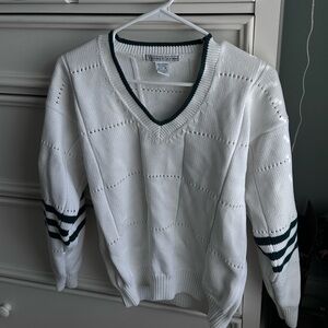 Izod Club White V-Neck Knit Sweater with Green Trim